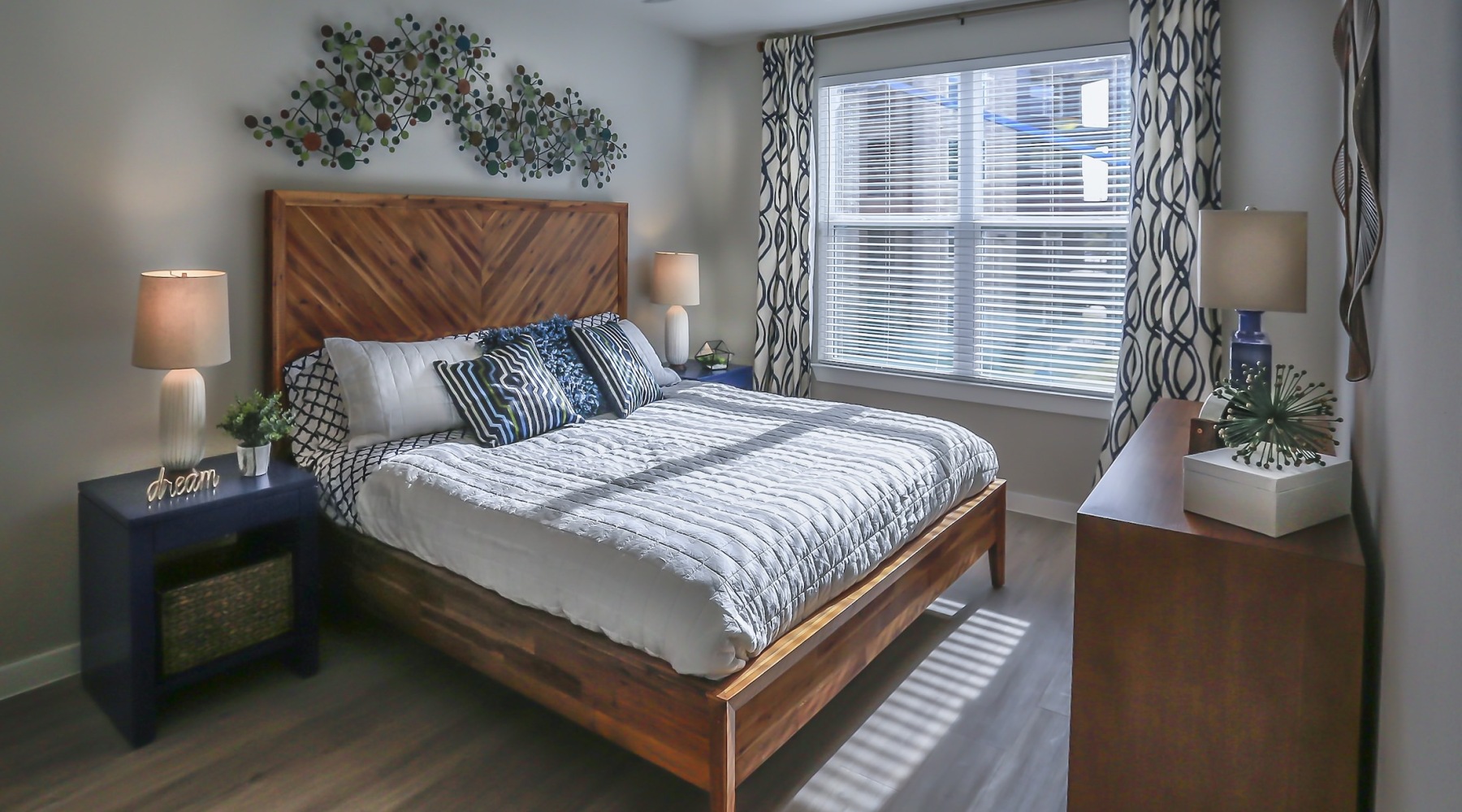 Bedroom with natural lighting and high ceilings